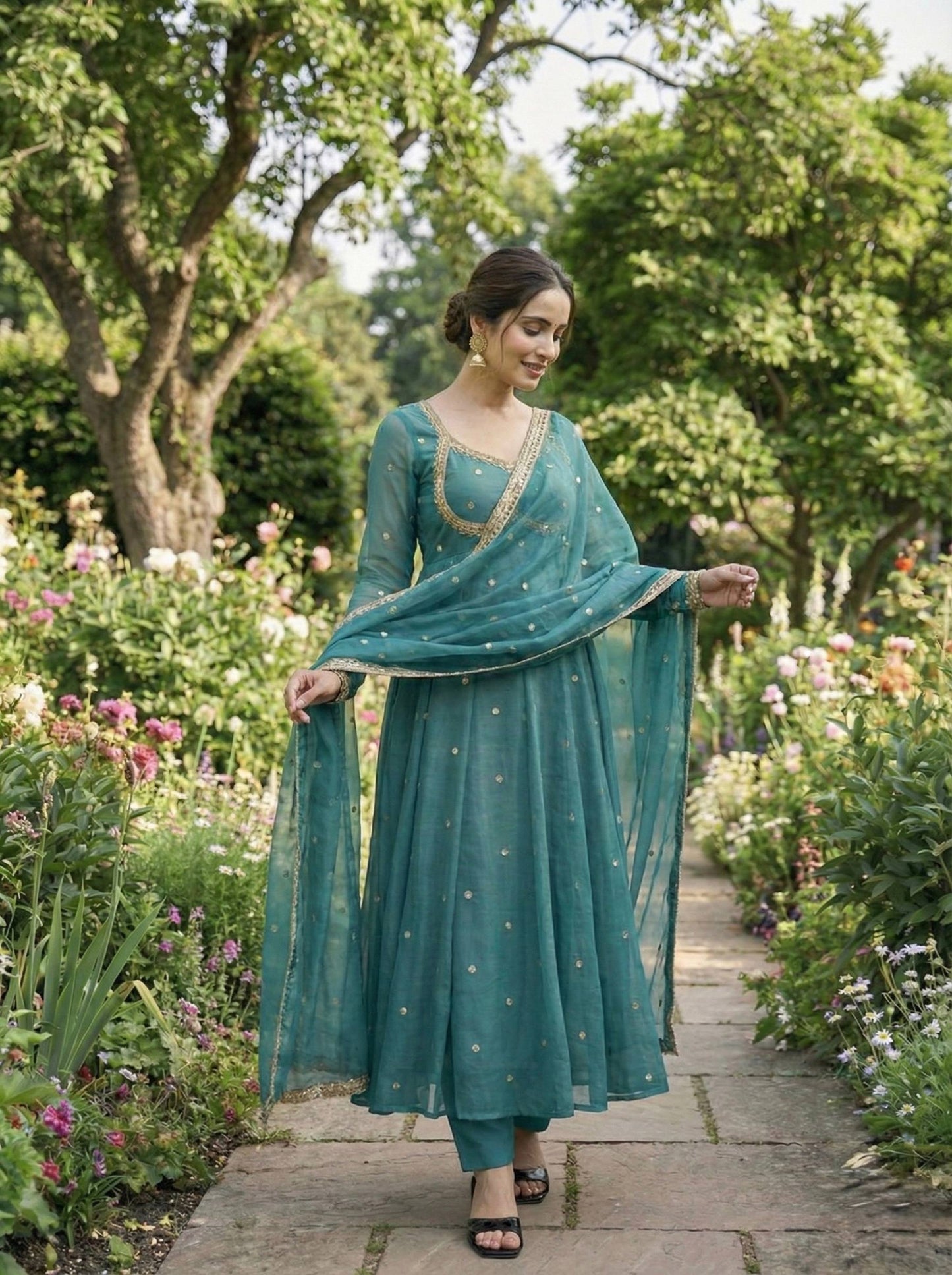 Elegant Party Wear Fendi Satin Gown Set with Dupatta and Pants Featuring 3MM Rembo Sequin and Zari Embroidery