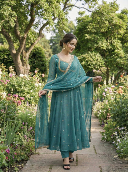 Elegant Party Wear Fendi Satin Gown Set with Dupatta and Pants Featuring 3MM Rembo Sequin and Zari Embroidery
