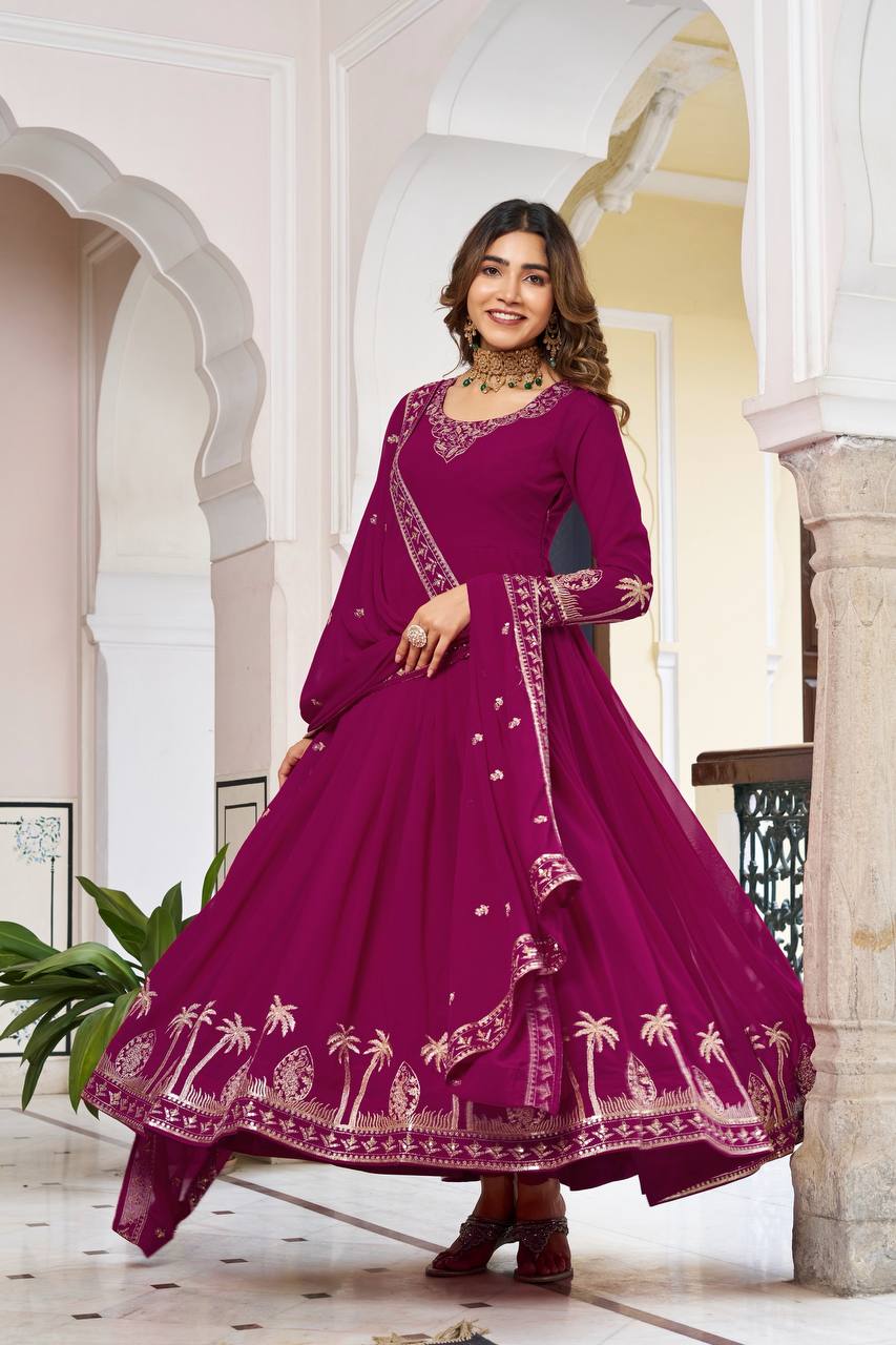 RangBhoomi Elegant SP Series Gown Set with Realistic Modeling - Faux Georgette & Microfiber Fabric, Thread and Sequence Embroidery