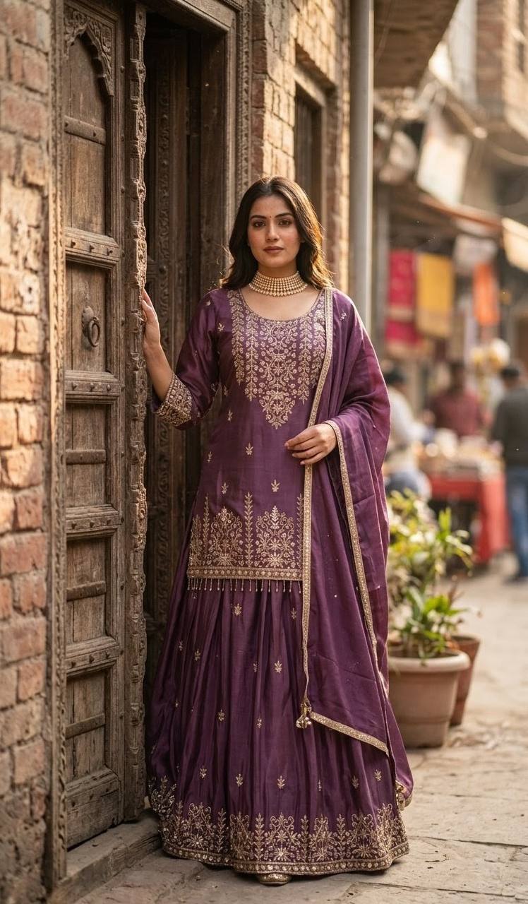 RangBhoomi Cinon Silk Embroidered Top, Lehenga & Dupatta Set - Elegant Festive Ensemble