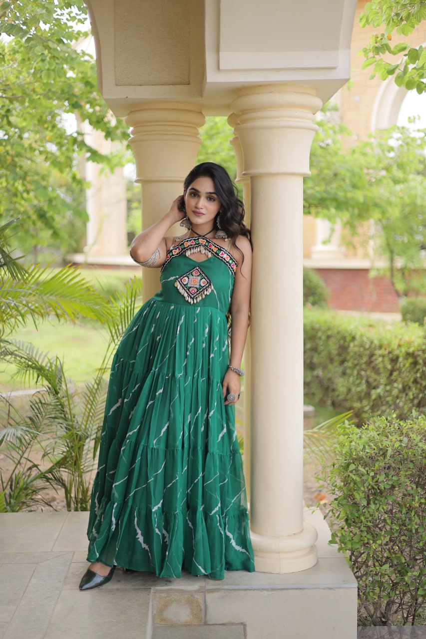 RangBhoomi Navratri Laheriya Patchwork Faux Georgette Gown - Sleeveless 56" Length, L (Adjustable 38-44)