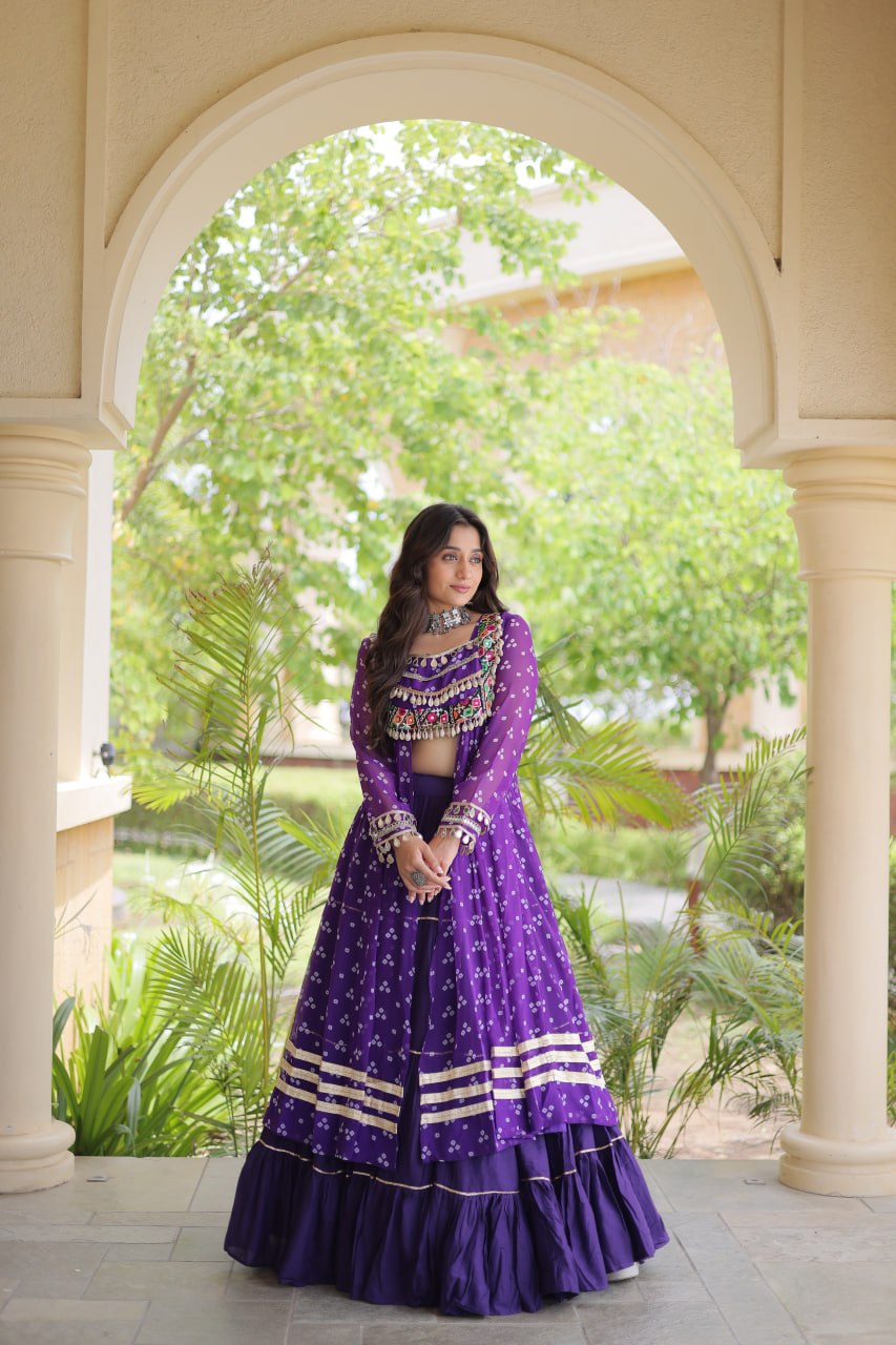 RangBhoomi Navratri 2026 Lehenga & Kurti Set – Kora Cotton Lehenga with Bandhni Faux Georgette Kurti (L, 40" Stitched)