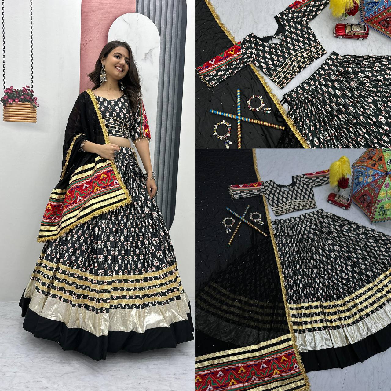 Collage: woman modeling and flat lay of black lehenga choli set, ideal for festive occasions.
