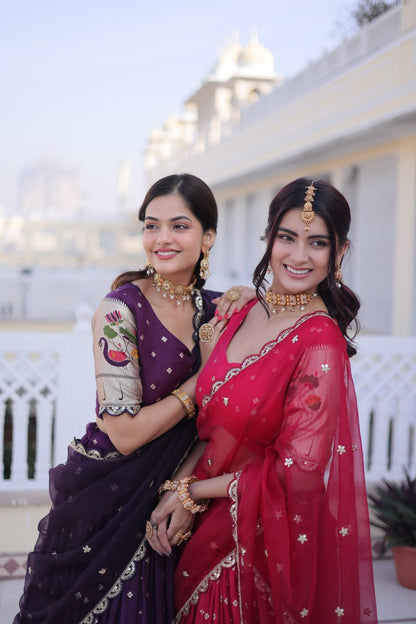 Elegant Three-Piece Traditional Lehenga Choli Set with Dupatta in Pink and Wine