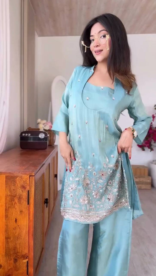 Premium Ready-to-Wear Kurta Set with Embroidered Glass Roman Fabric – Stylish and Comfortable Two-Piece Ensemble