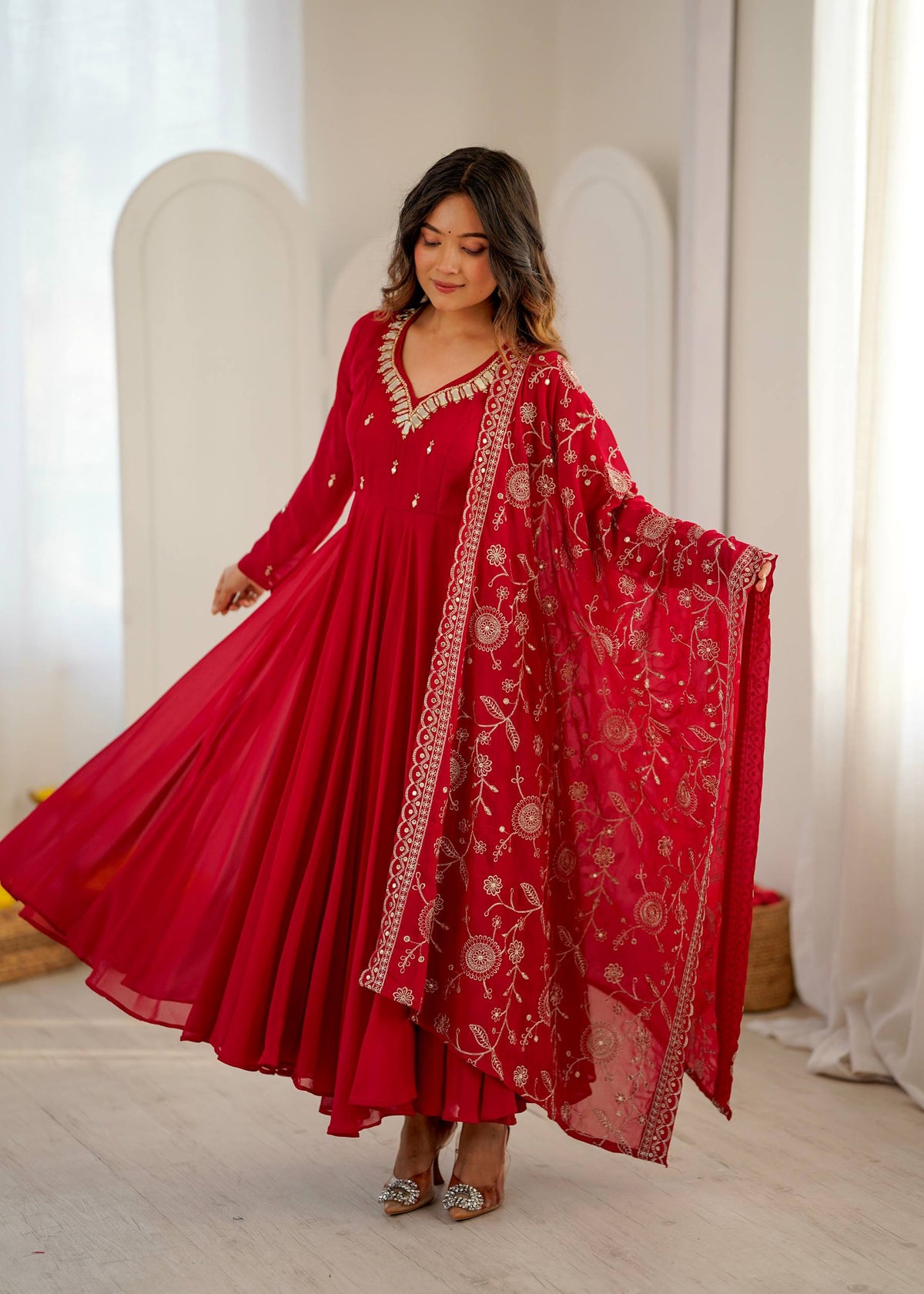 RangBhoomi Elegant Embroidered Mirror Anarkali Three-Piece Gown Set