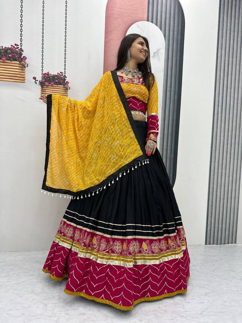 RangBhoomi Navratri Special Pure Cotton Embroidered Lehenga Choli with 6m Flair and Heavy Dupatta