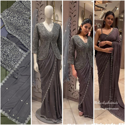 Trending Party Jacket with Saree Featuring Exquisite Embroidery Work