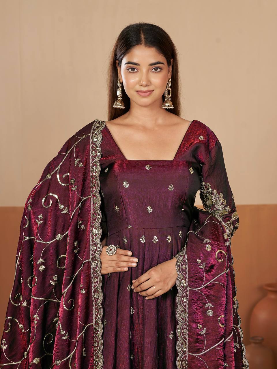 RangBhoomi Designer Party Wear Gown Set — 10 Colors, Heavy Jelly Shimmer Silk, Fully Stitched Embroidered Gown with Dupatta & Micro-Cotton Pant