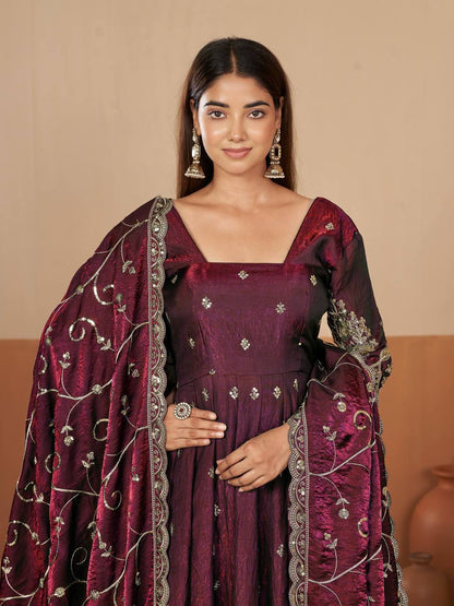 RangBhoomi Designer Party Wear Gown Set — 10 Colors, Heavy Jelly Shimmer Silk, Fully Stitched Embroidered Gown with Dupatta & Micro-Cotton Pant