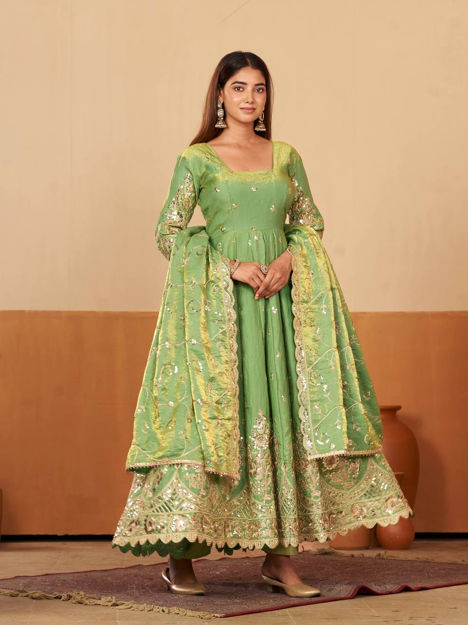 RangBhoomi Designer Party Wear Gown Set — 10 Colors, Heavy Jelly Shimmer Silk, Fully Stitched Embroidered Gown with Dupatta & Micro-Cotton Pant