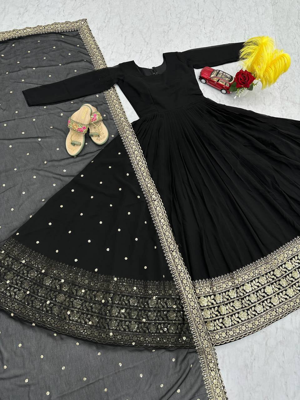 Elegant Embroidered Fox Georgette Gown with Matching Dupatta – Fully Stitched, Sophisticated Design