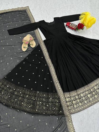 Elegant Embroidered Fox Georgette Gown with Matching Dupatta – Fully Stitched, Sophisticated Design