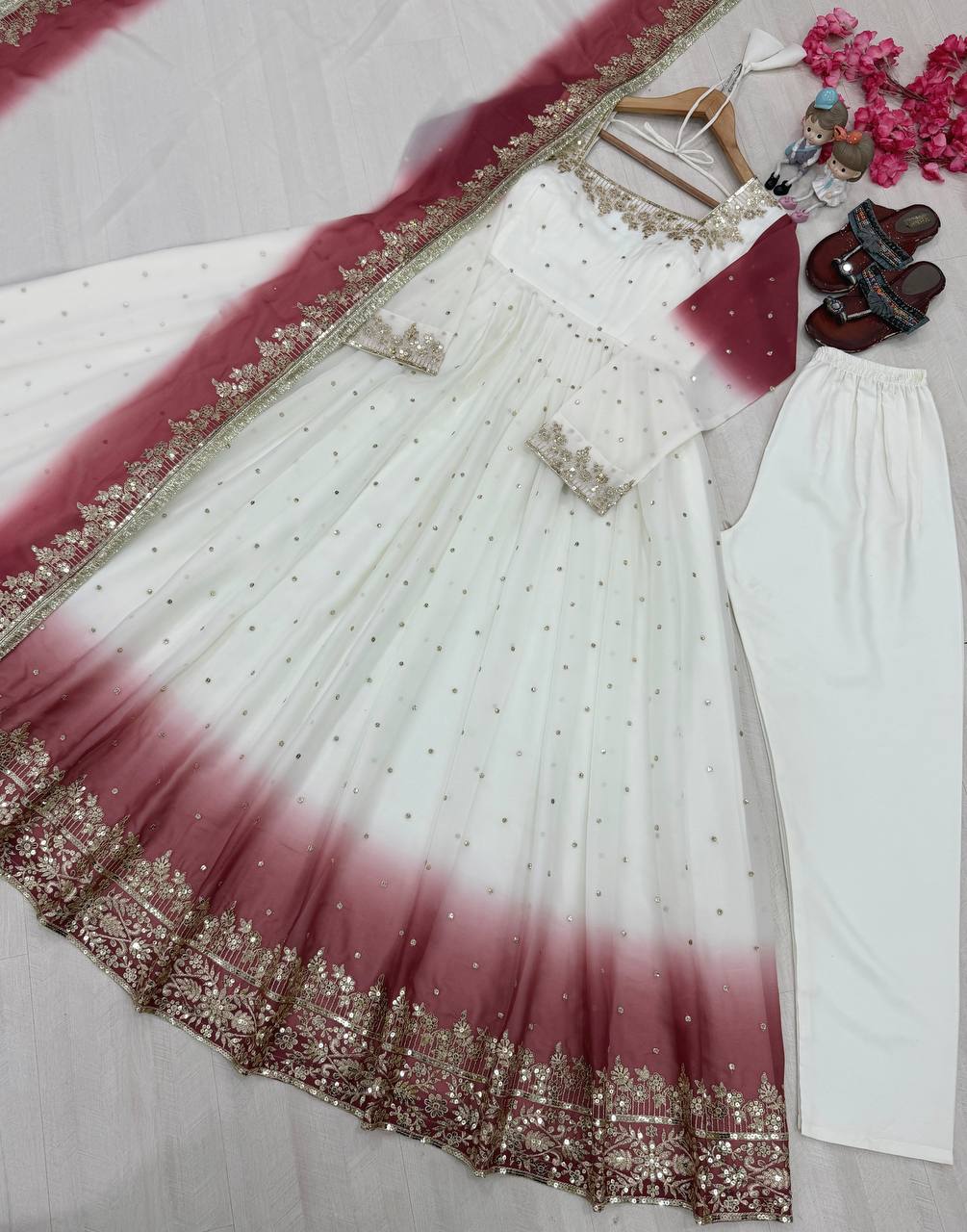 RangBhoomi Dual Tone Embroidered Georgette Anarkali Gown Set with Dupatta & Bottom