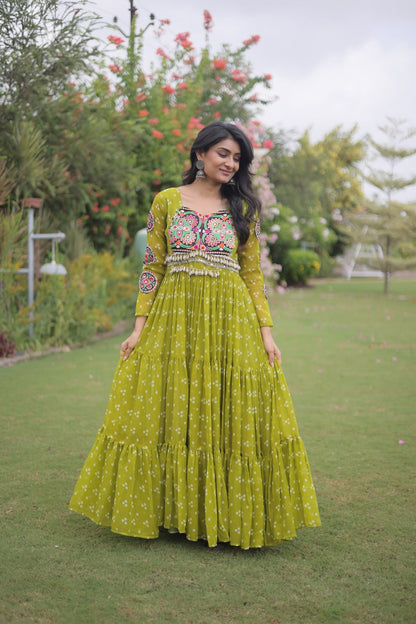 RangBhoomi Bandhani & Kutchi Patchwork Faux Georgette Gown — Full Sleeve, 12m Flair, Cotton Lining