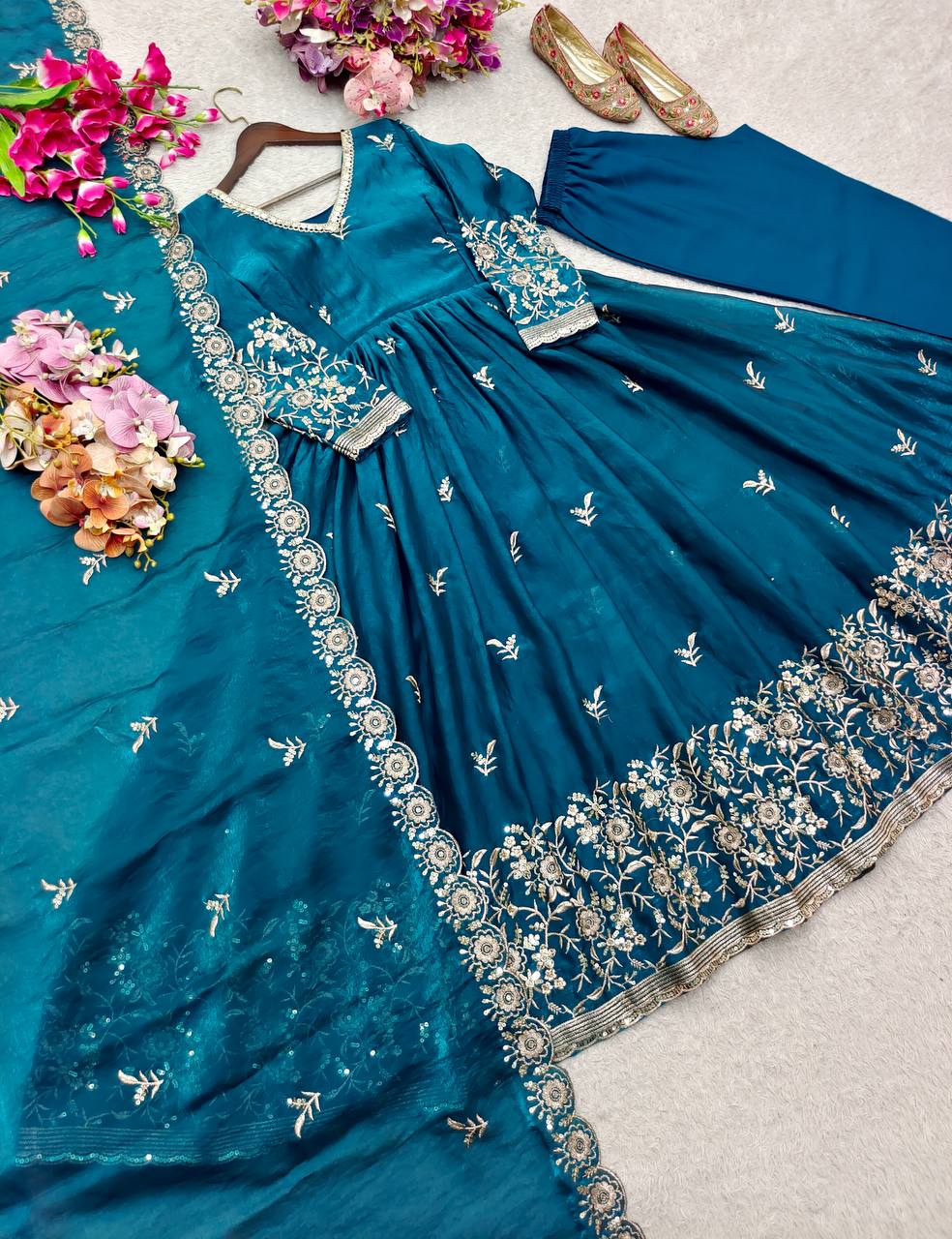 RangBhoomi Fendy Satin Silk Gown Set with Micro Silk Pants & Embroidered Dupatta
