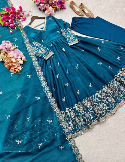 RangBhoomi Fendy Satin Silk Gown Set with Micro Silk Pants & Embroidered Dupatta