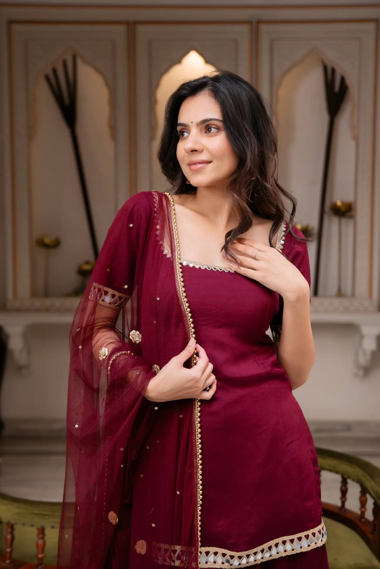 RangBhoomi Heavy Embroidered 3-Piece Suit Set with Real Mirror Work and Elegant Lace Border