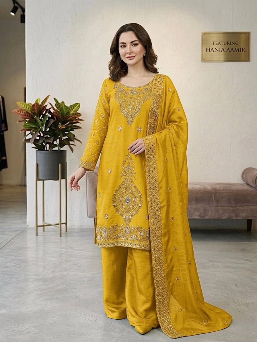 Elegant Designer Party Wear Top, Palazzos, and Dupatta Set with Intricate Heavy Embroidery and Beaded Detailing