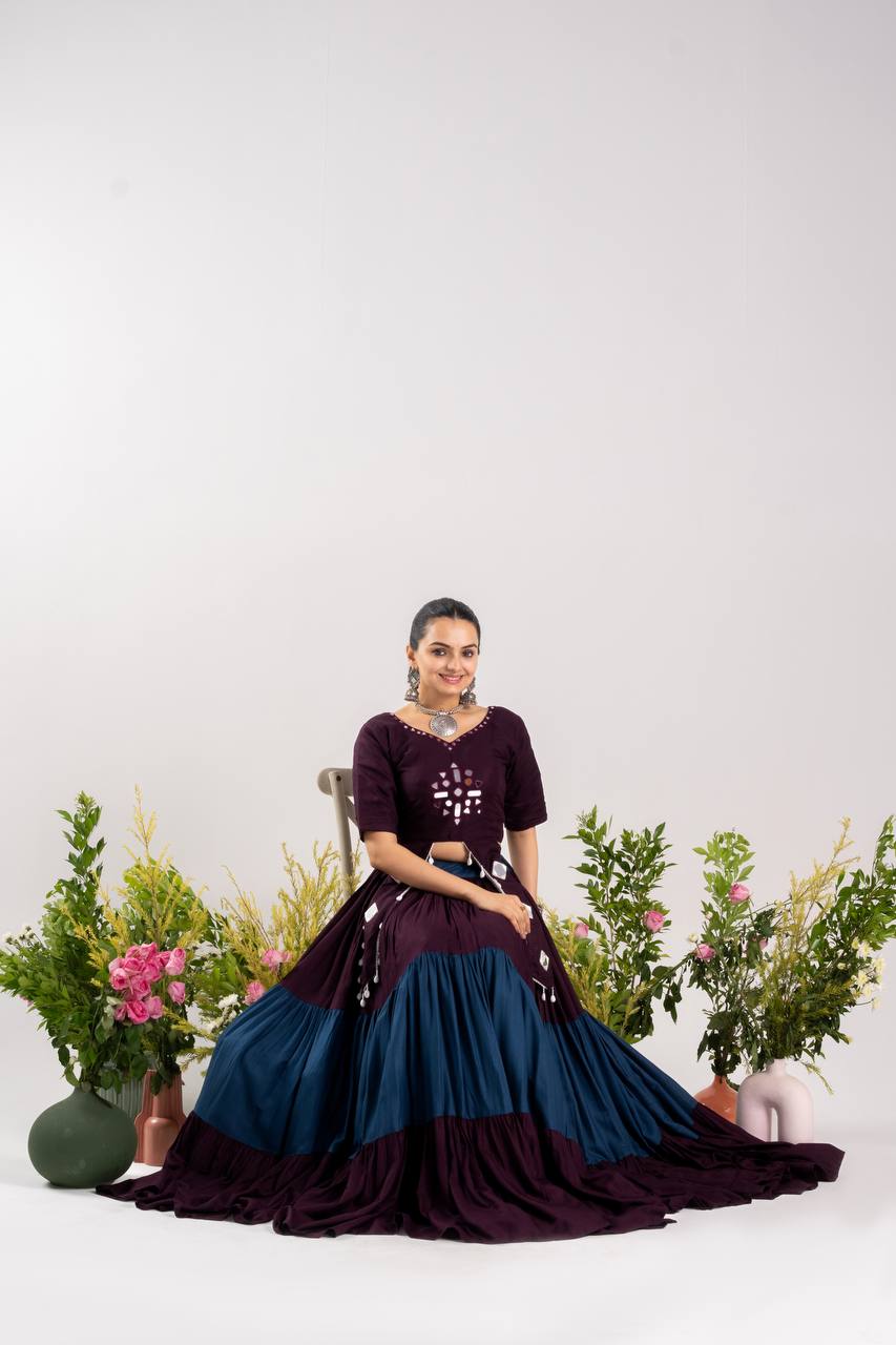 RangBhoomi Stunning Navratri Lehenga Choli with Real Mirror Work - Pure Rayon Cotton, Frill Lehenga & Kodi Lace Blouse