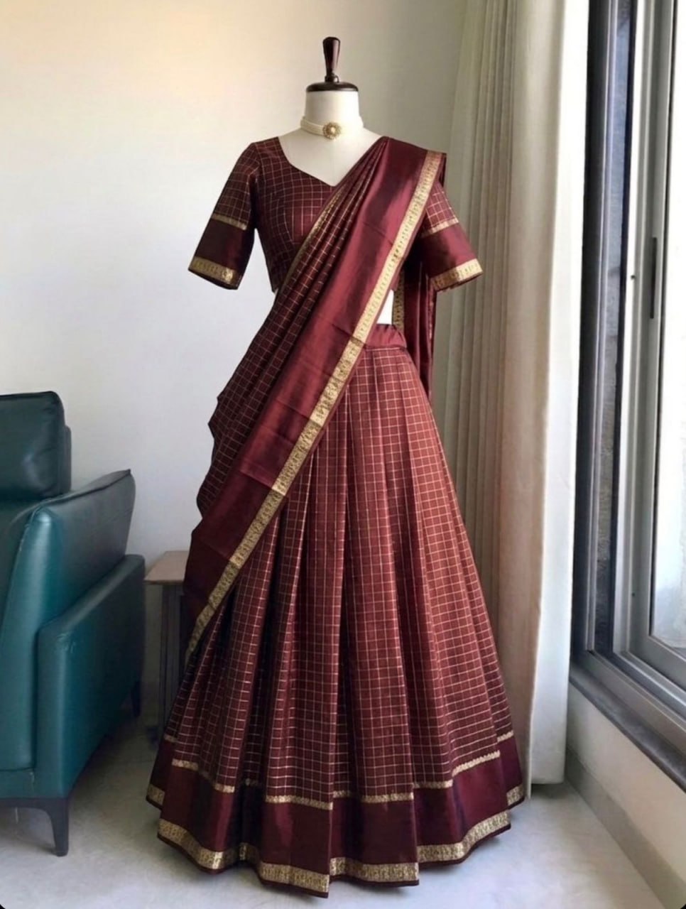 Elegant Pure Viscose Georgette Lehenga Choli Set with Zari Weaving and Hand-Dyed Chex Pattern