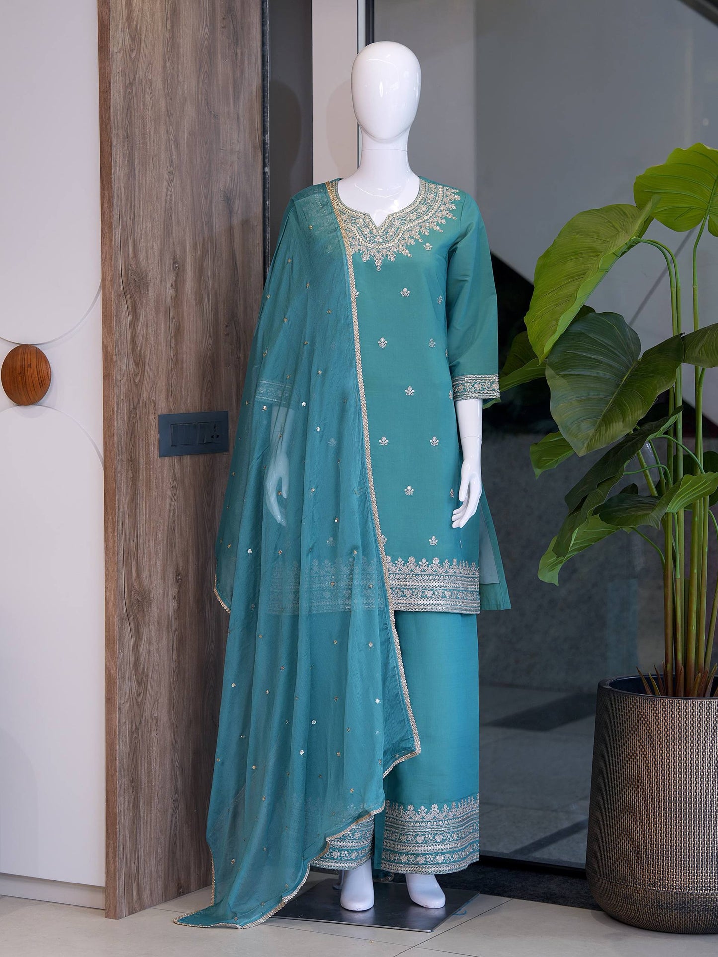 RangBhoomi Designer Festival Special Collection - Elegant Roman Silk Embroidered Ensemble with Palazzo and Decorative Dupatta