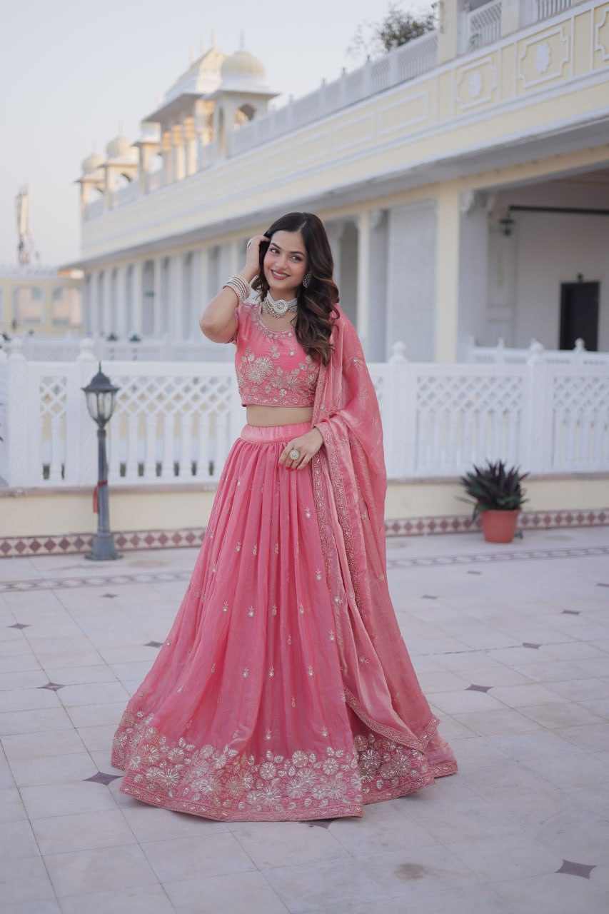 Elegant Lehenga Choli Set with Heavy Sequins and Zari Thread Embroidery in Fendi Silk