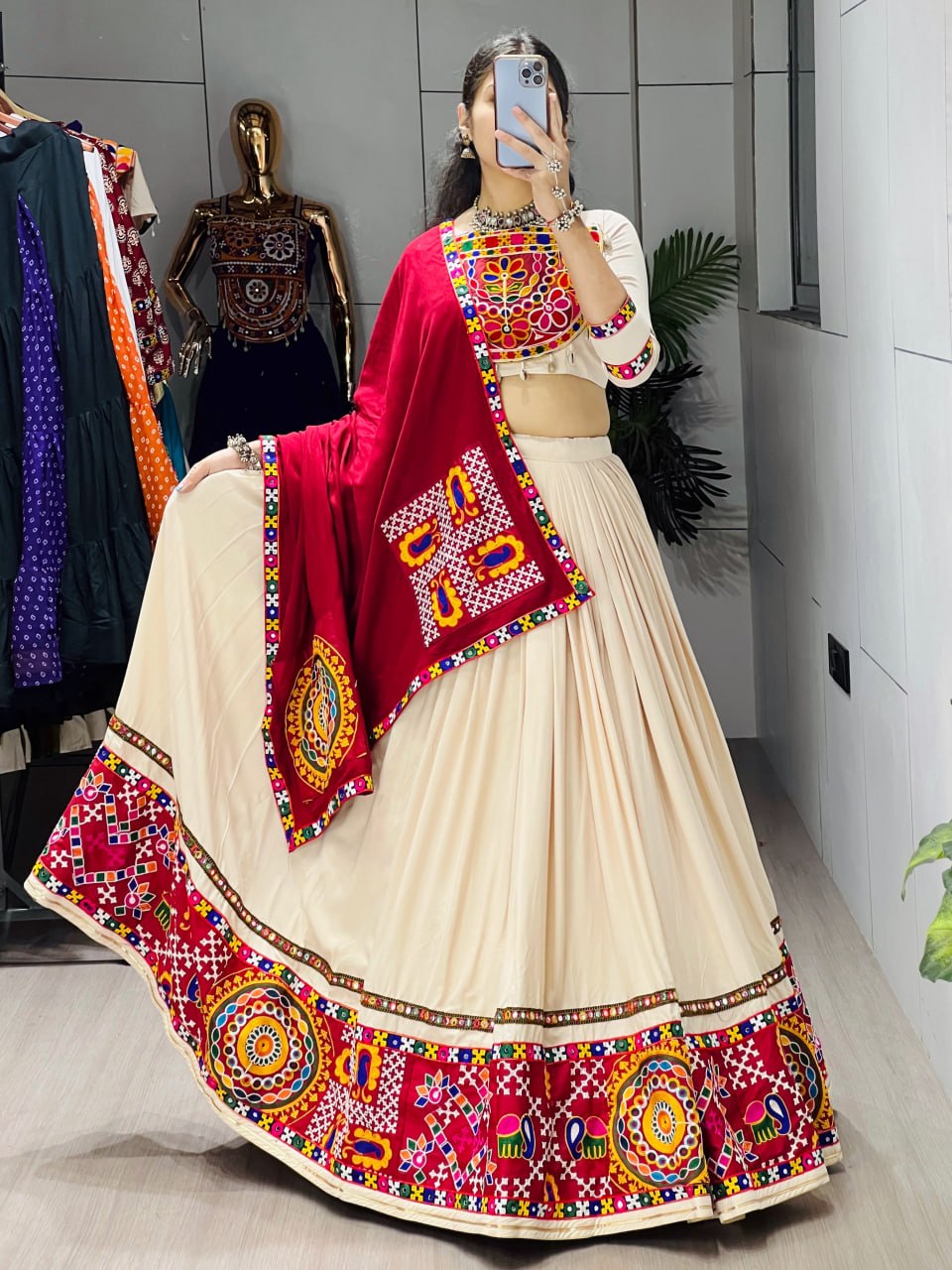 Classical Premium Gamthi Mirror Work Lehenga Choli - Vanilla Rayon Cotton Festive Set