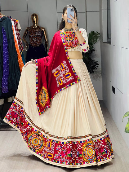 Classical Premium Gamthi Mirror Work Lehenga Choli - Vanilla Rayon Cotton Festive Set