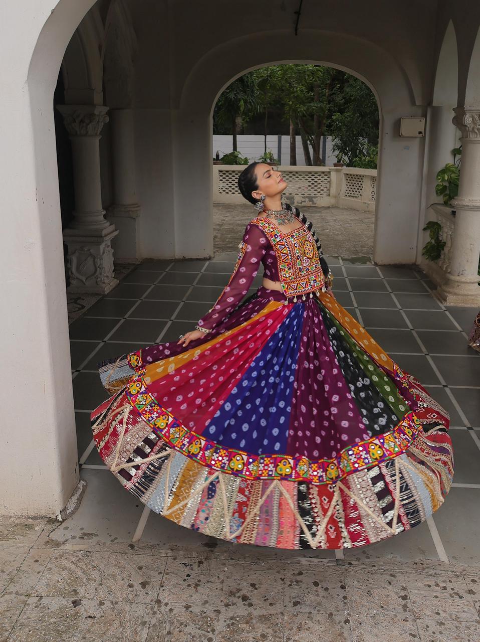 Navratri Festival Full-Stitched Georgette Lehenga Choli with Vintage and Kutchi Gamthi Embellishments