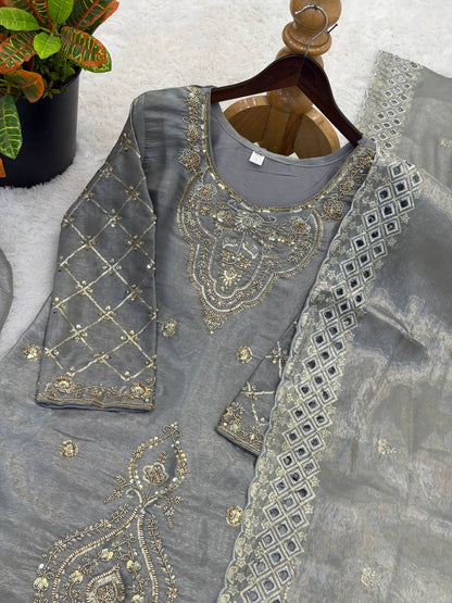Elegant Designer Party Wear Top, Palazzos, and Dupatta Set with Intricate Heavy Embroidery and Beaded Detailing