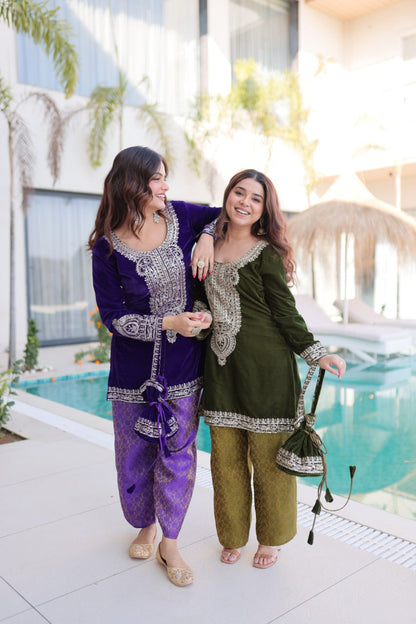 Ready-to-Wear Velvet Top and Pant Set with Embroidered Batwa from RangBhoomi Collection