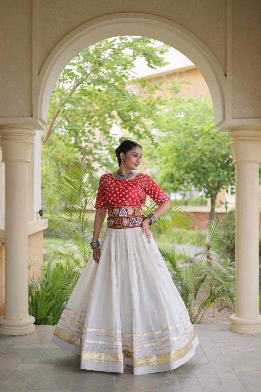 RangBhoomi Navratri Festive Lehenga Set - Cora Cotton & Bandhej Embroidered Blouse