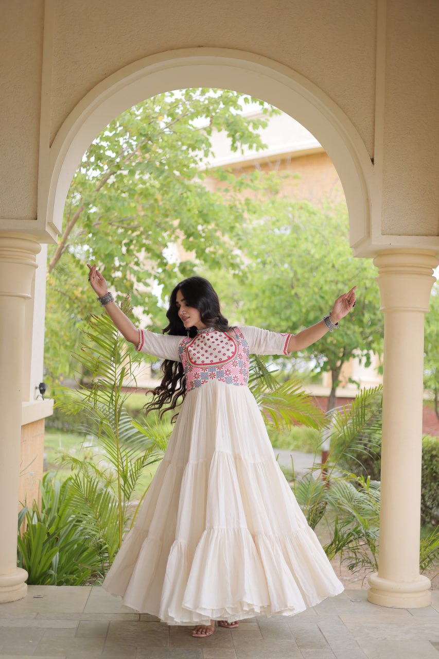 RangBhoomi Navratri Embroidered Kora Cotton Gown — 54" Festive Flair