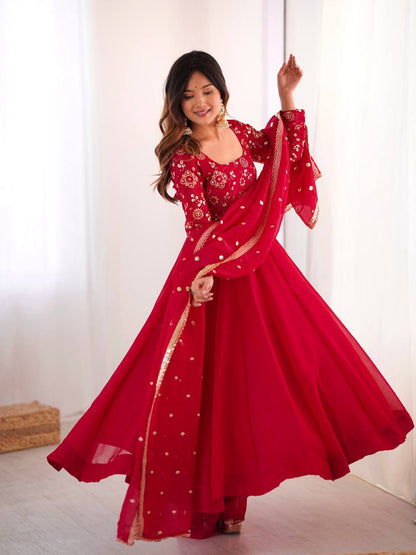 RangBhoomi Women's Elegant Ethnic Wear Set with Silk Gown, Pants, and Embroidered Dupatta