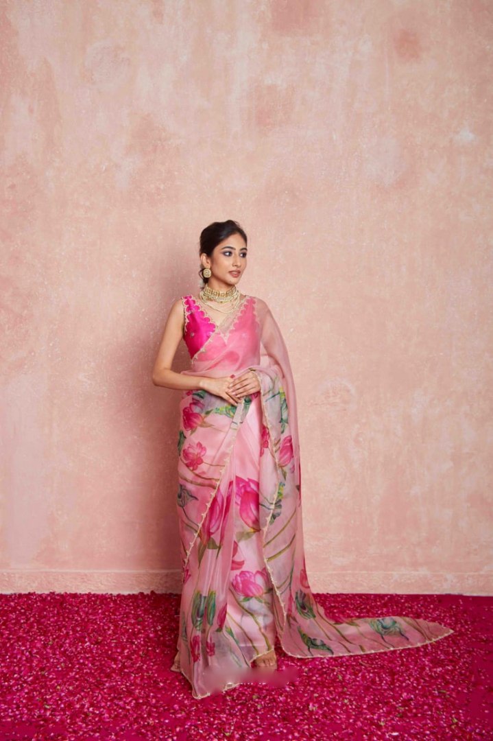 Ready To Wear Organza Silk Saree - Floral Printed