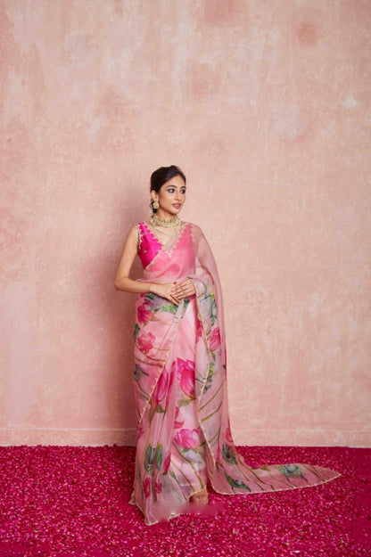 Ready To Wear Organza Silk Saree - Floral Printed