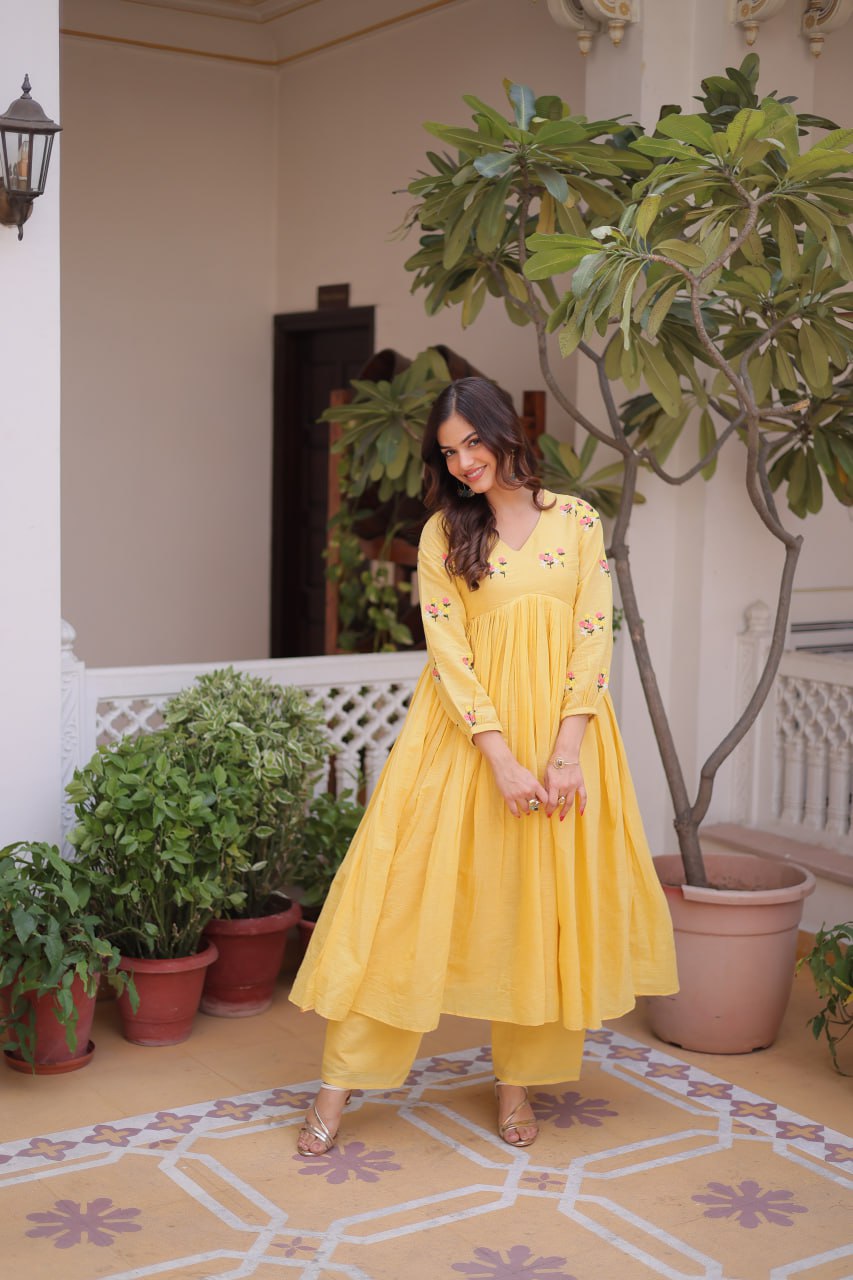 Premium Ready-to-Wear Embroidered Cotton Kurti with Matching Cotton Pants