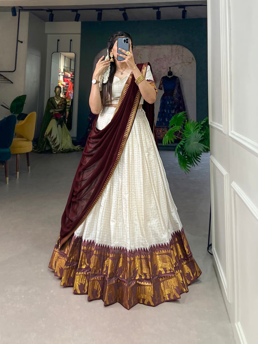 Elegant Poly Cotton Lehenga Choli Set with Georgette Dupatta, Intricate Zari Weaving Work - Comfortable and Stylish Festive Wear