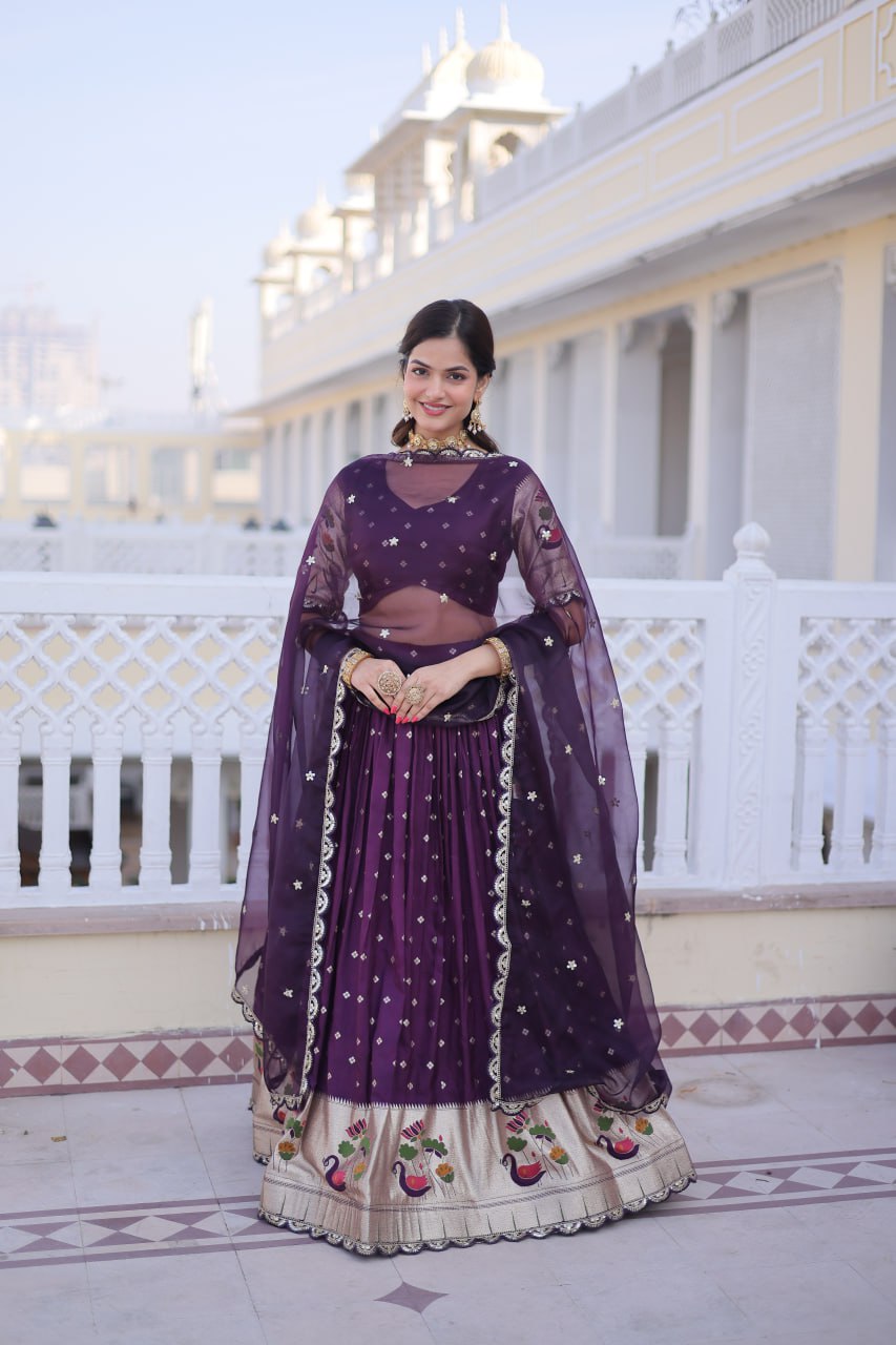Elegant Three-Piece Traditional Lehenga Choli Set with Dupatta in Pink and Wine