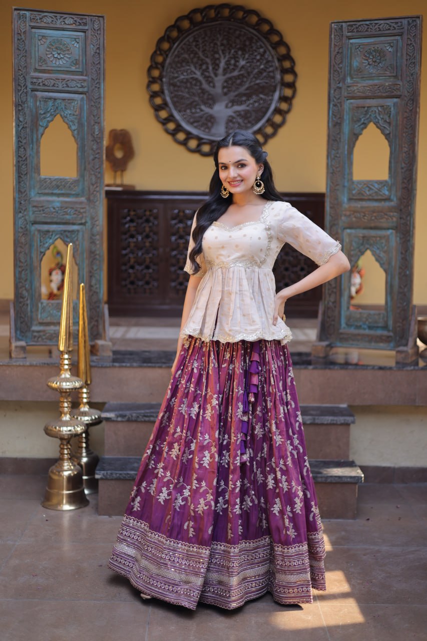 RangBhoomi Designer Dyeable Viscose Jacquard Lehenga Choli Set - Parrot & Wine