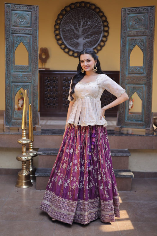 RangBhoomi Designer Dyeable Viscose Jacquard Lehenga Choli Set - Parrot & Wine