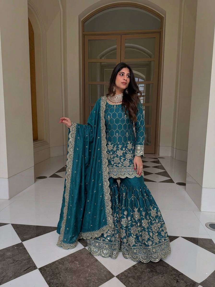 Elegant Sharara Set in Luxurious Heavy GMY Silk with Intricate Mirror and Sequins Embroidery – Top, Bottom, and Dupatta Ready to Wear by RangBhoomi