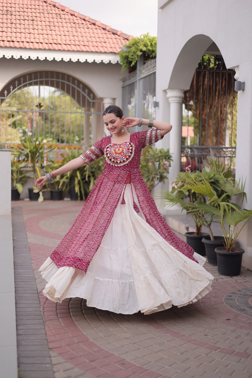 RangBhoomi Navratri 2026 Bandhani Lehenga Set — Full-Stitched Kora Cotton Lehenga with Faux Georgette Kurti