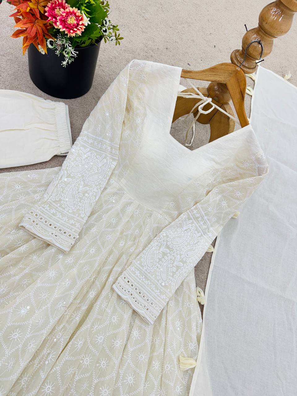 Elegant Anarkali Gown Set with Bottom and Dupatta – Pure Kora Cotton, Fully Stitched, Ready to Wear