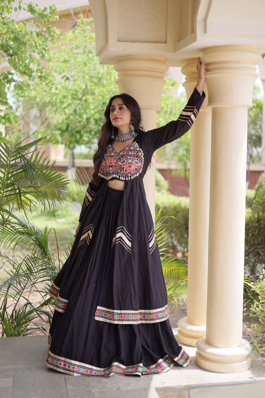RangBhoomi Feather-Light Jacket Lehenga Set – Lotus Handwork, Long Jacket Ready-to-Wear