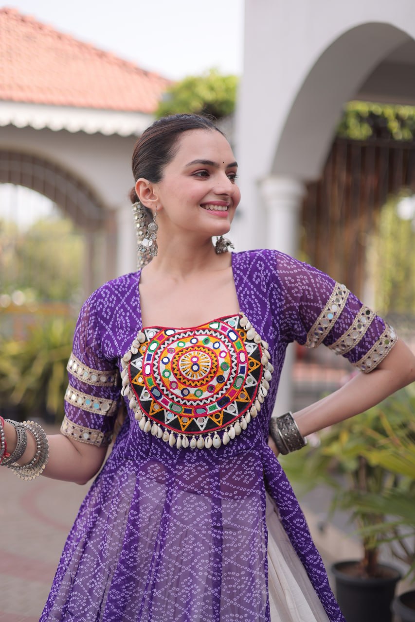 RangBhoomi Navratri 2026 Bandhani Lehenga Set — Full-Stitched Kora Cotton Lehenga with Faux Georgette Kurti