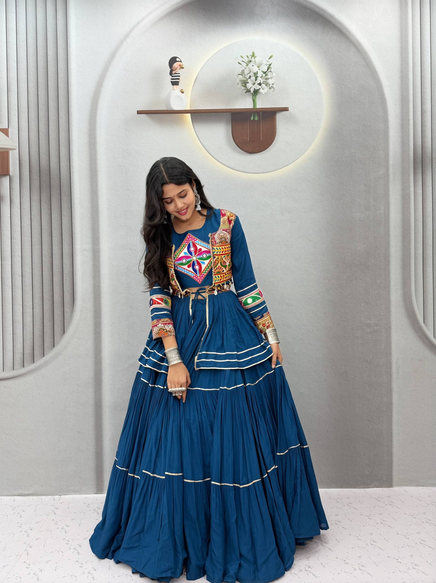 RangBhoomi Navratri Special Gamathi Work 9m Flair Pure Cotton Lehenga Choli - Fully Stitched