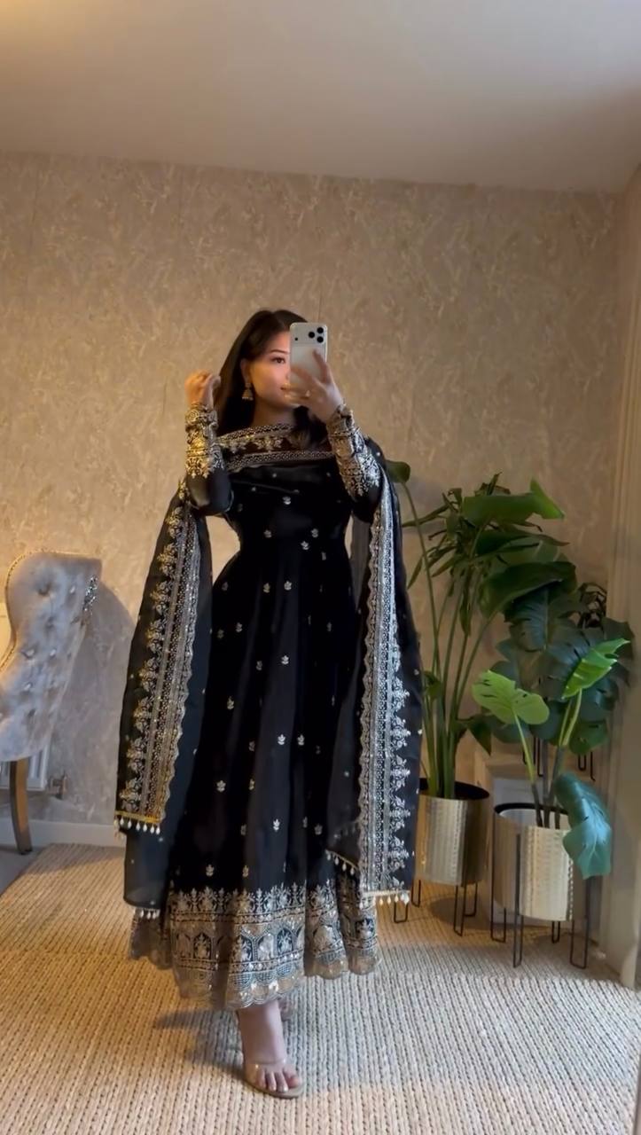 RangBhoomi Designer Embroidered Party Gown with Dupatta & Pant — Heavy Fandy Silk, 17 Colours