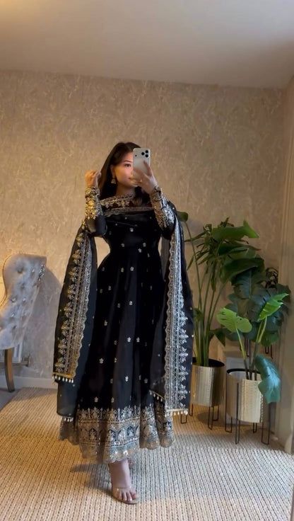 RangBhoomi Designer Embroidered Party Gown with Dupatta & Pant — Heavy Fandy Silk, 17 Colours